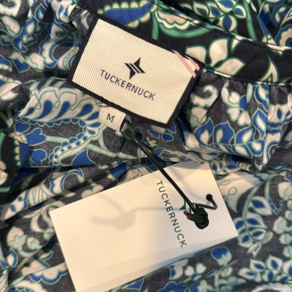 Tuckernuck NEW Batik Floral Lyles Green Blue Puff Sleeve Belted Midi Dress M - Picture 12 of 12